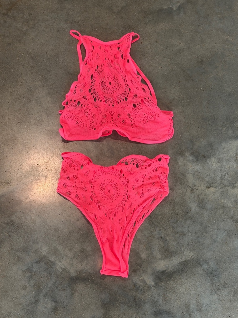 Women’s Crochet High-Neck Set - Neon Pink